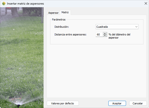 Cuadro de inserción del objeto Matriz de aspersores.