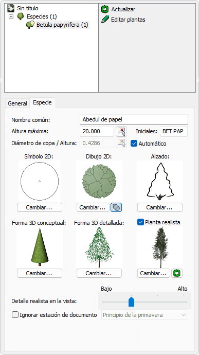 Panel de edición con las funciones de especies de plantas