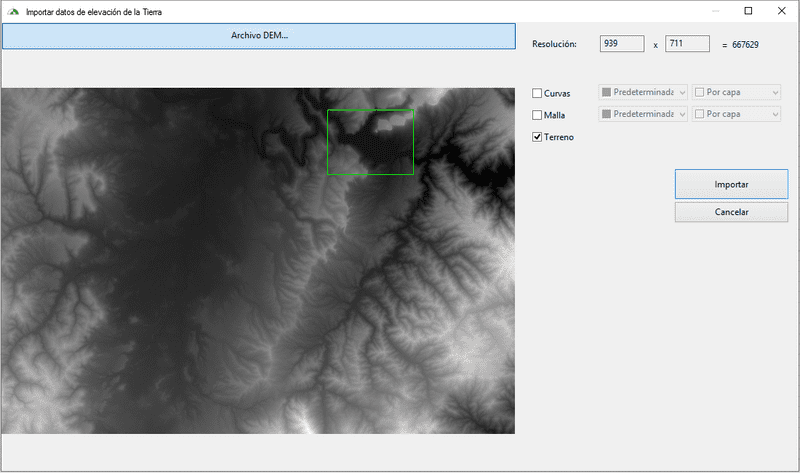 Diálogo Importar archivo DEM
