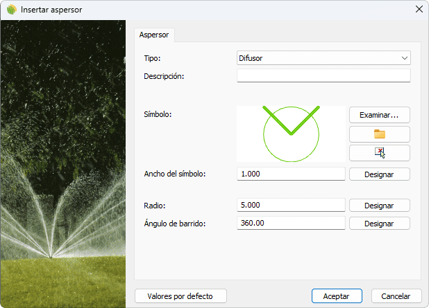 Cuadro de inserción del objeto Aspersor.
