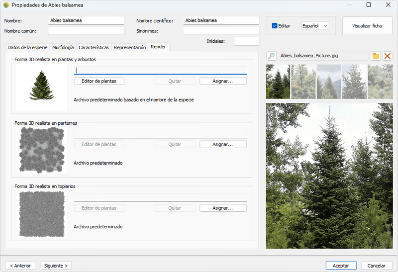 Cuadro de diálogo de propiedades de Especies de plantas