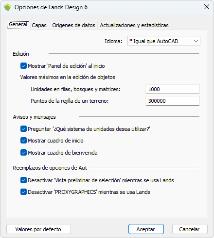 Cuadro de diálogo Opciones de Lands Design, ficha General