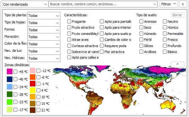 Área de filtros de la base de datos de plantas.