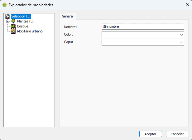 Diálogo de propiedades de diferentes elementos de Lands Design