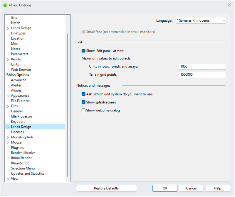 Lands Design General options in Rhino Options dialog