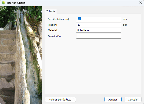 Cuadro de inserción del objeto Tubería.