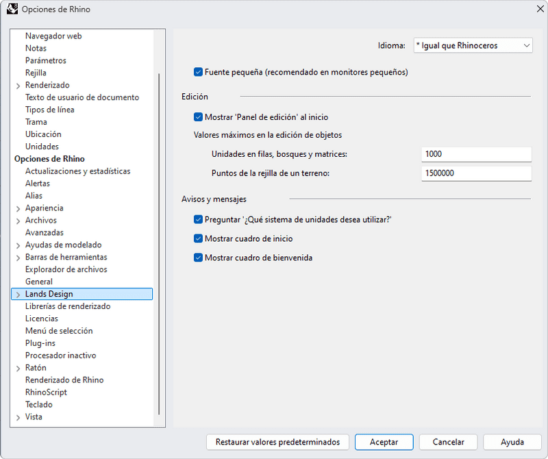 Opciones generales de Lands Design en el diálogo Opciones de Rhino