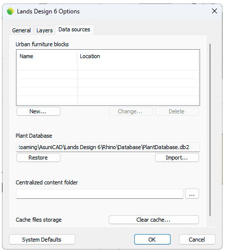 Lands Design Options dialog box, Data sources tab