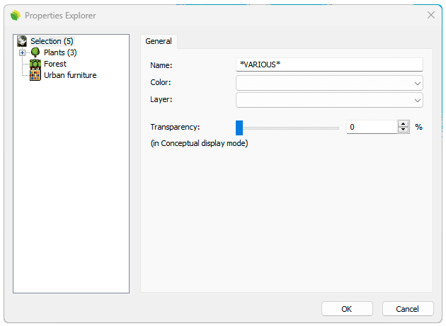 Properties dialog for different Lands Design elements