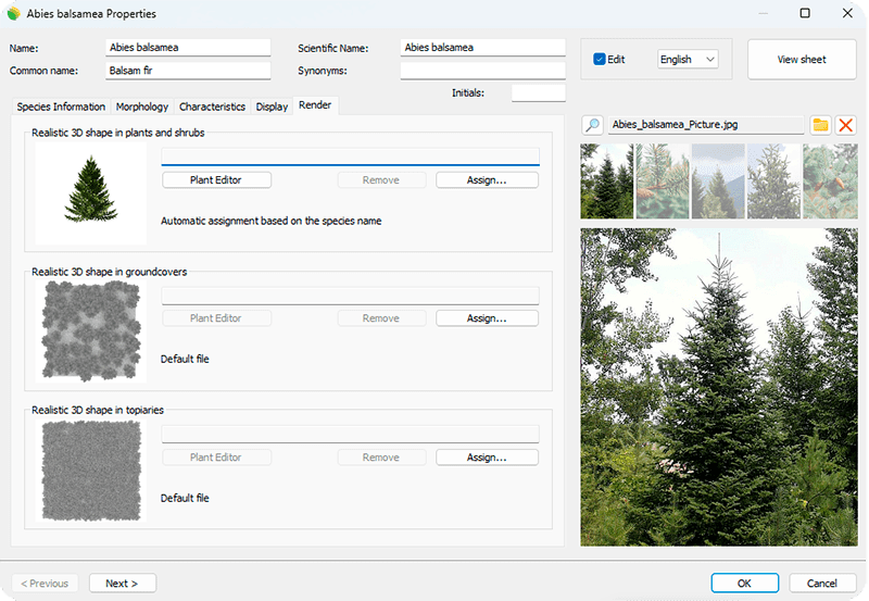 Plant species properties dialog box