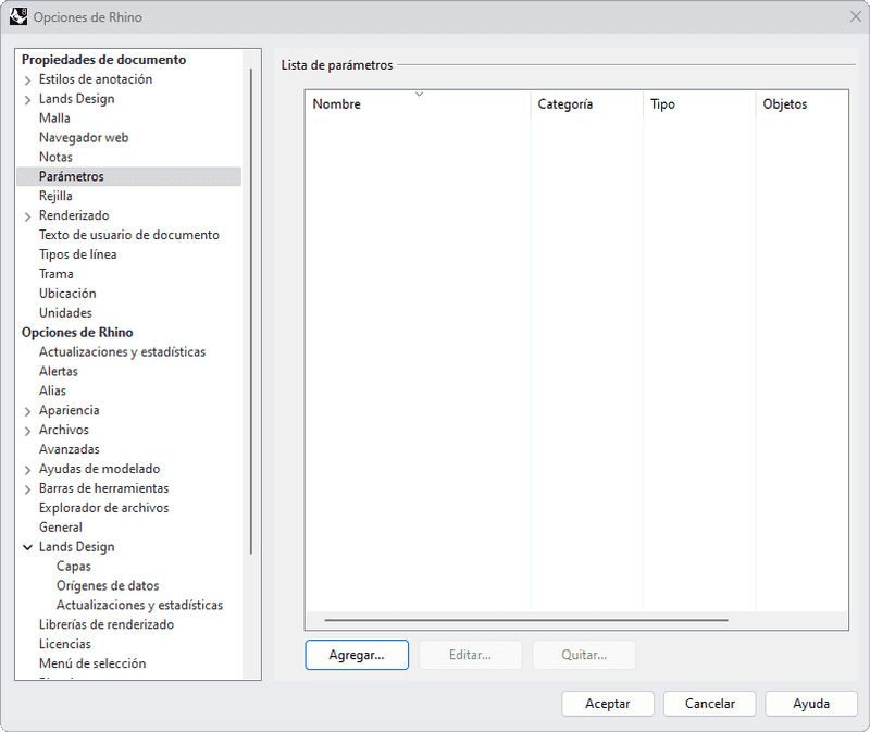 Sección Parámetros en las Propiedades de documento de Rhino