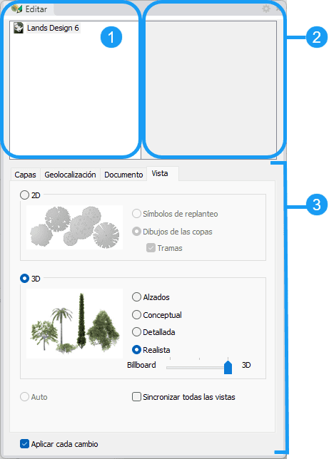 Panel de edición de Lands Design.