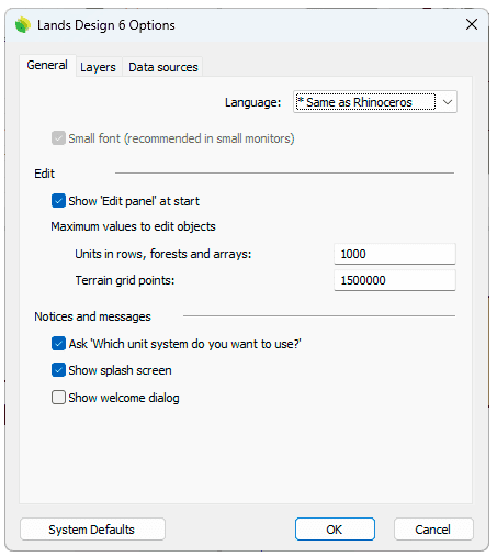 Lands Design Options dialog box, General tab