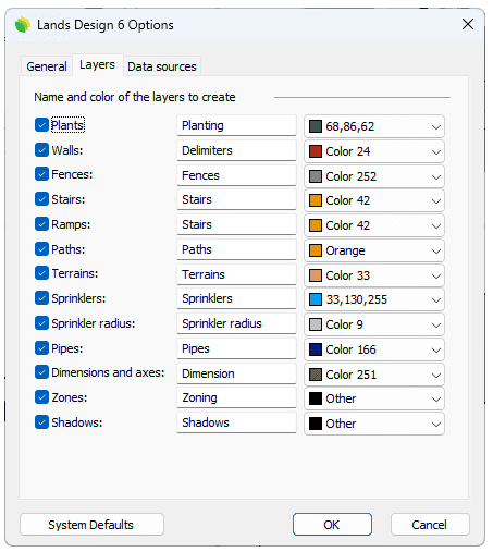 Lands Design Options dialog box, Layers tab