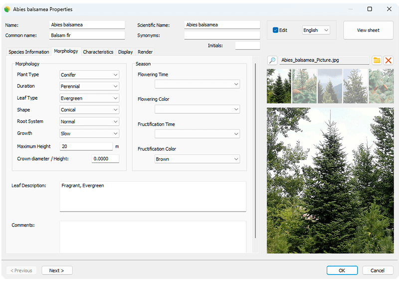 Plant species properties dialog box