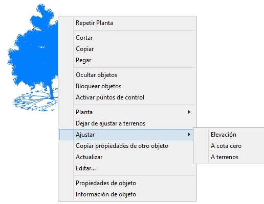 Menú contextual y opciones del objeto Planta.