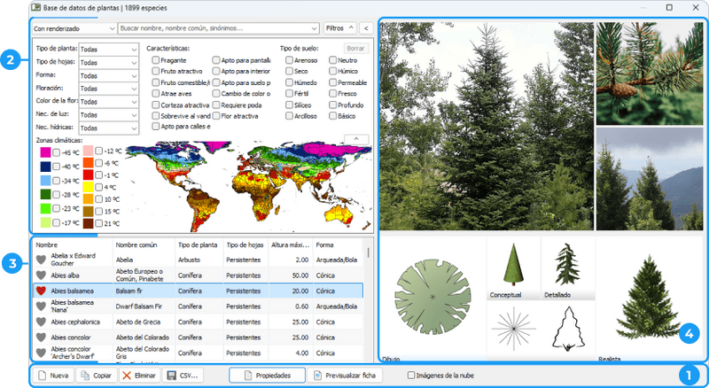 Cuadro de diálogo Base de datos de plantas