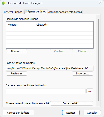 Cuadro de diálogo Opciones de Lands Design, ficha Orígenes de datos
